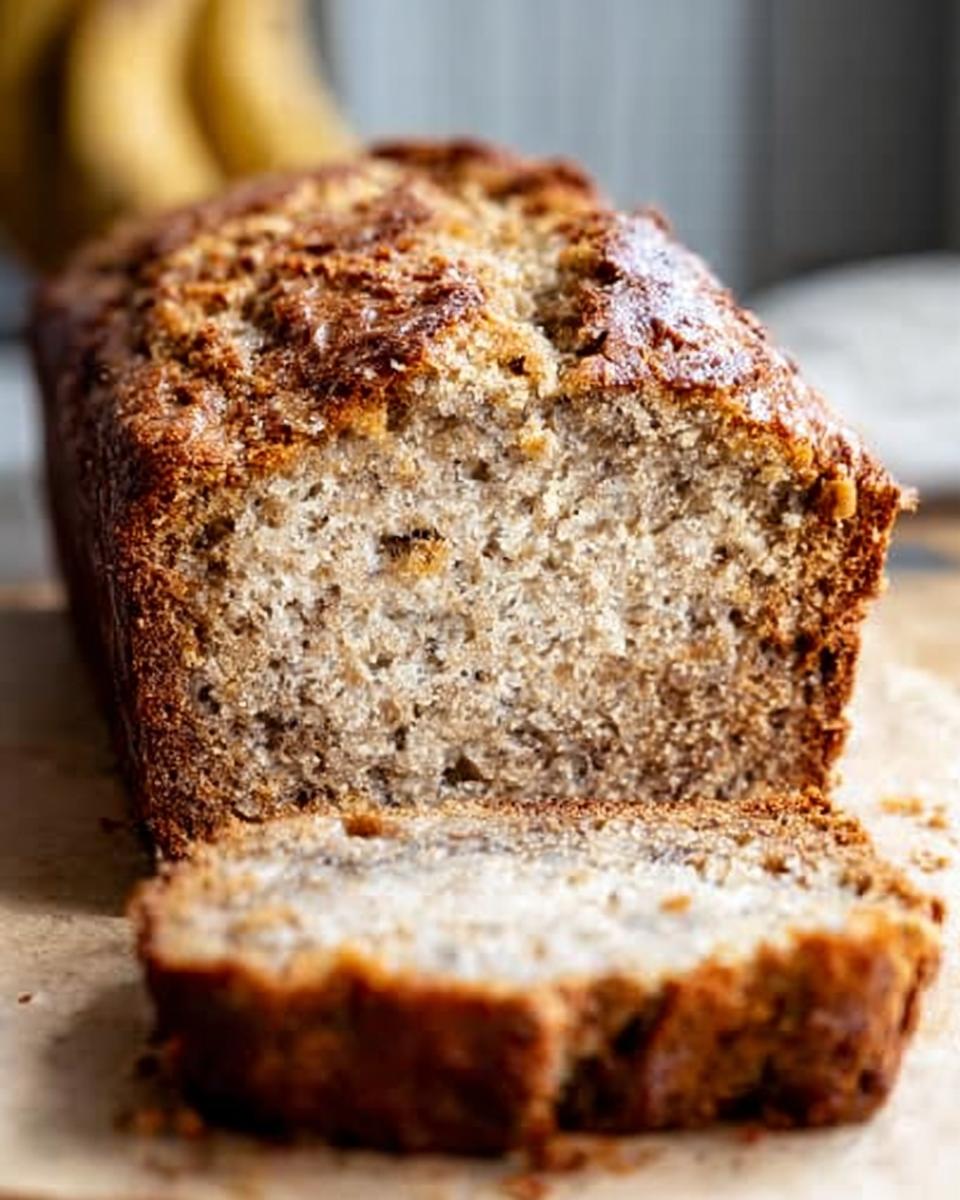 A close-up of the Best Banana Bread 2025, showing a slice with a crispy, golden-brown crust and a moist, juicy interior.