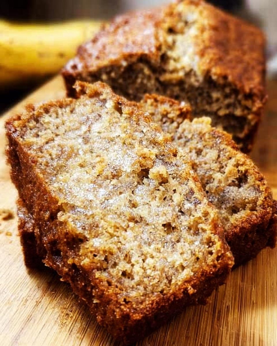 Close-up of two moist slices of the Best Banana Bread 2025 on a wooden board.