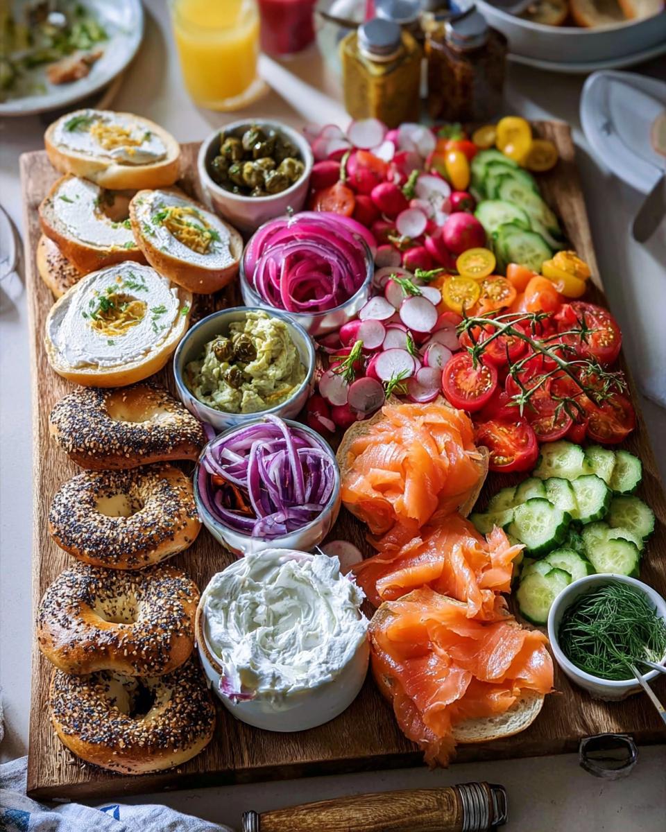 A beautiful breakfast board featuring bagels, cream cheese, smoked salmon, capers, radishes, tomatoes, cucumbers, and red onions.
