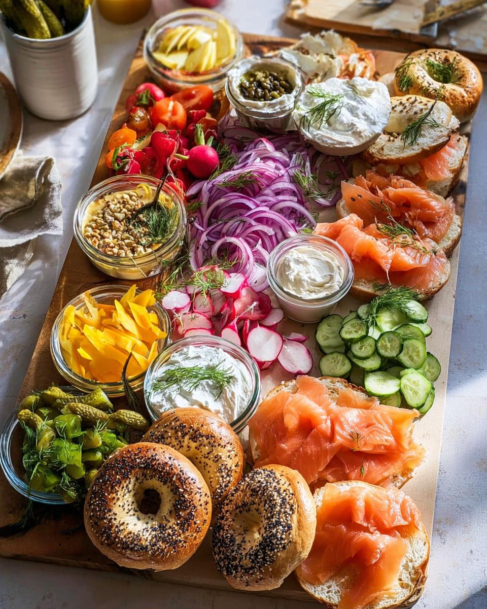A beautifully arranged bagel board featuring smoked salmon, cream cheese, capers, red onion, tomatoes, and pickles, perfect for best breakfast ideas.