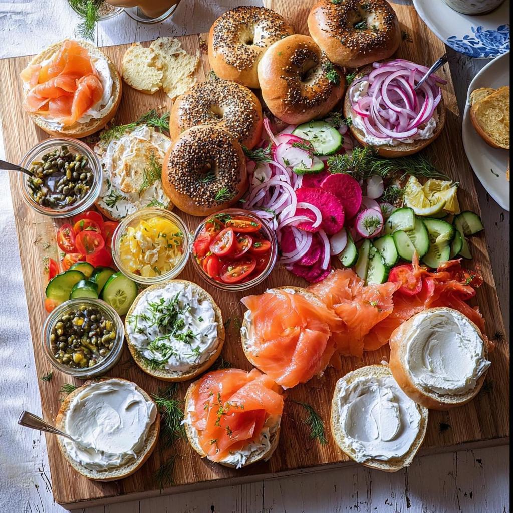 A beautiful and abundant bagel board featuring smoked salmon, cream cheese, capers, tomatoes, cucumbers, and red onion, perfect for best breakfast ideas.