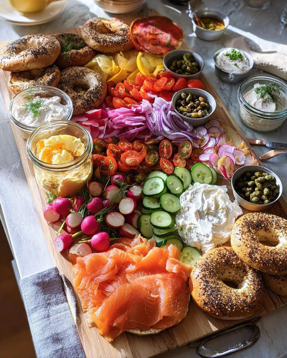 An abundant bagel board featuring smoked salmon, cream cheese, capers, tomatoes, cucumbers, red onion, and radishes, perfect for Best Breakfast Ideas.