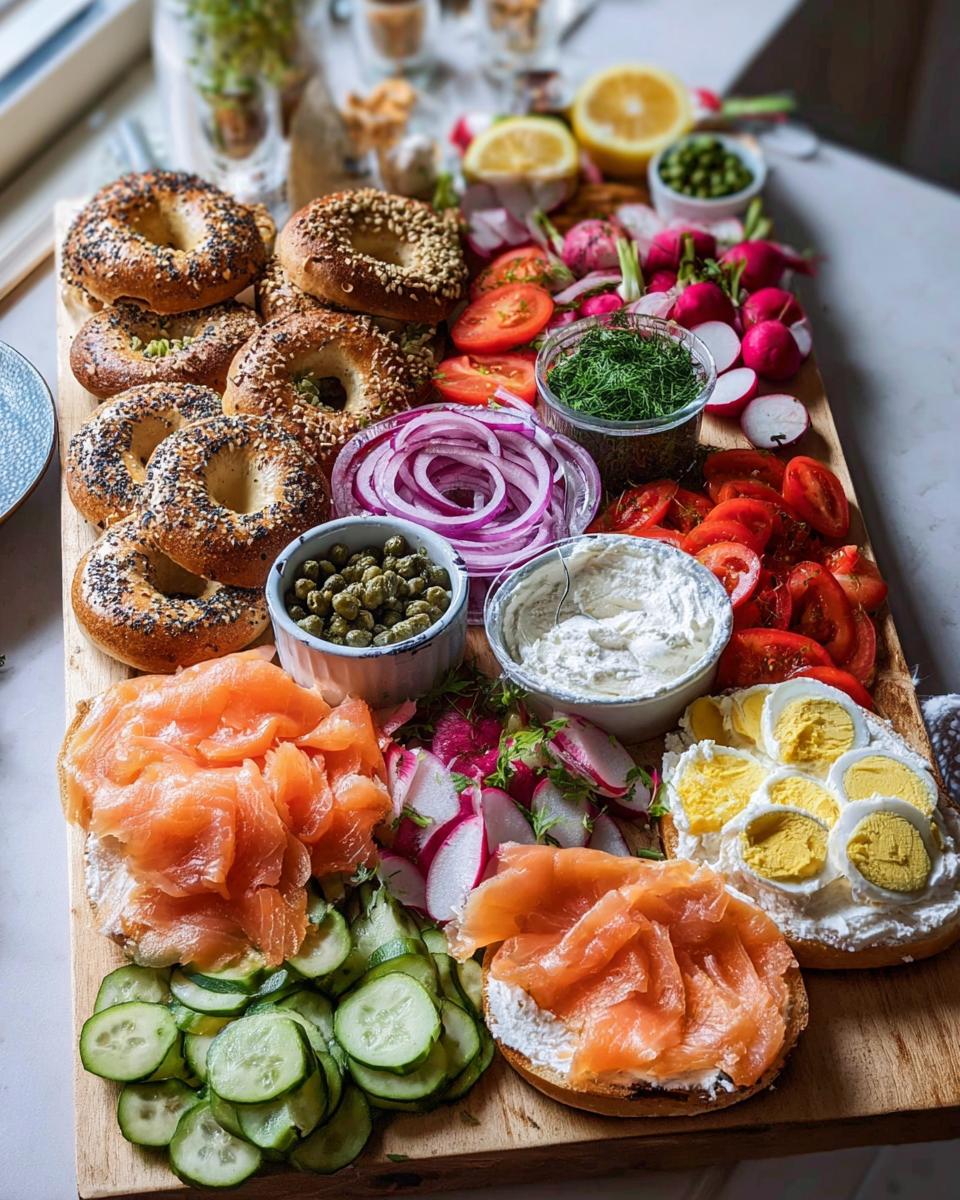 A beautifully arranged bagel platter featuring bagels, smoked salmon, cream cheese, capers, red onion, tomatoes, radishes, cucumbers, and hard-boiled eggs.