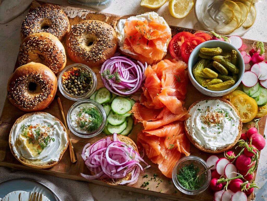 A vibrant breakfast platter featuring bagels, smoked salmon, cream cheese, capers, red onion, and fresh vegetables.