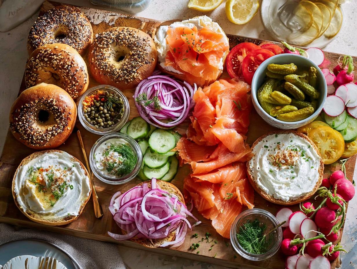 A vibrant breakfast platter featuring bagels, smoked salmon, cream cheese, capers, red onion, and fresh vegetables.
