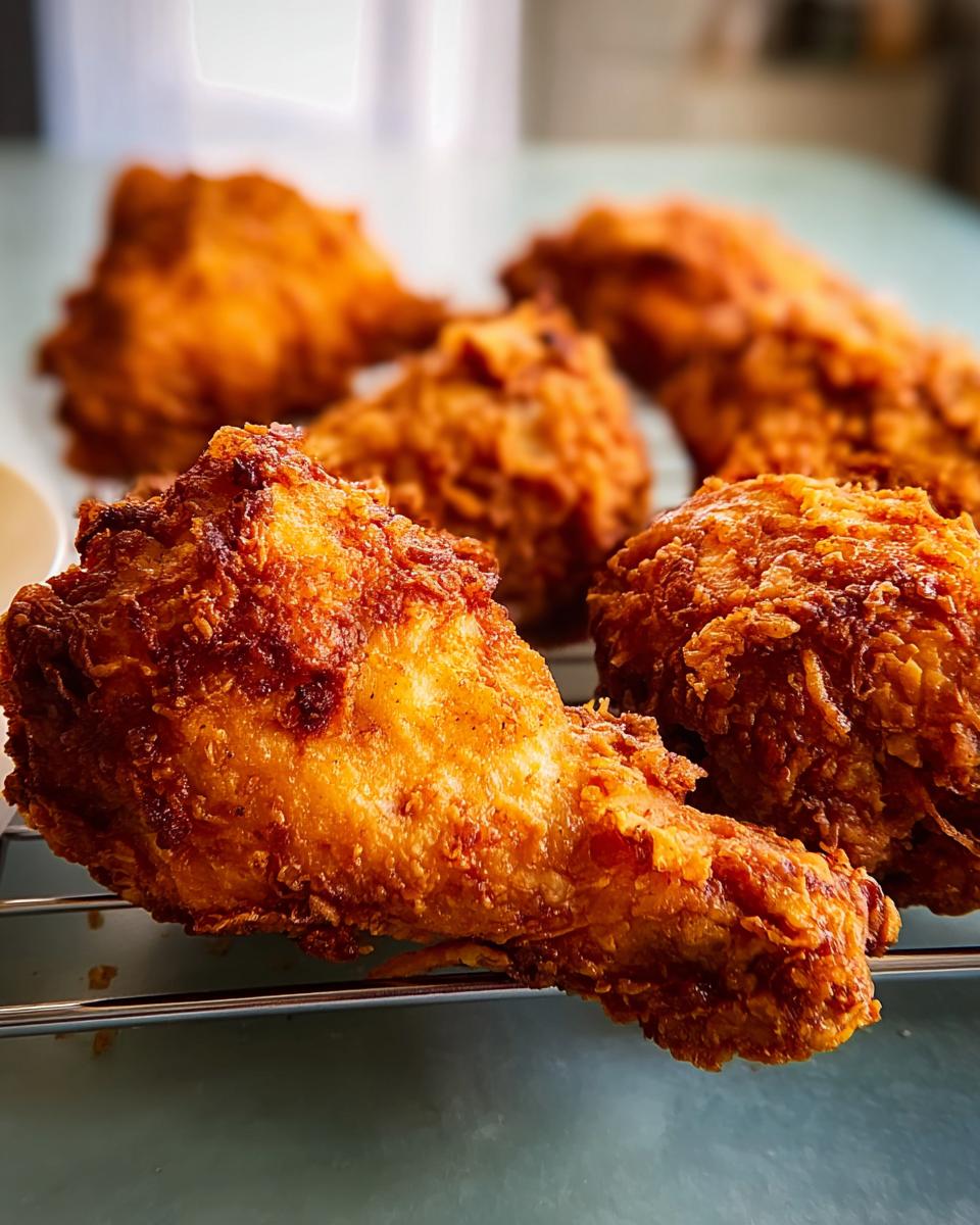 Close-up of a perfectly fried chicken drumstick, showcasing its crispy golden-brown coating. This is the Best Chicken 2025.