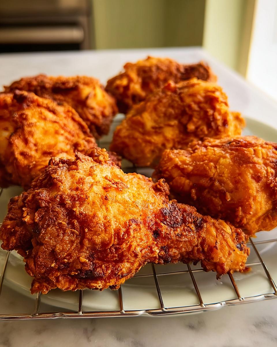 Close-up of golden-brown, crispy fried chicken pieces on a cooling rack. The Best Chicken 2025 recipe delivers juicy inside perfection.