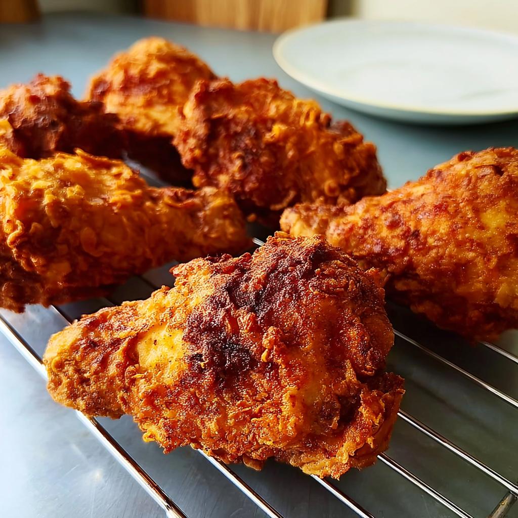 Close-up of perfectly fried chicken pieces, showcasing a crispy golden-brown exterior.
