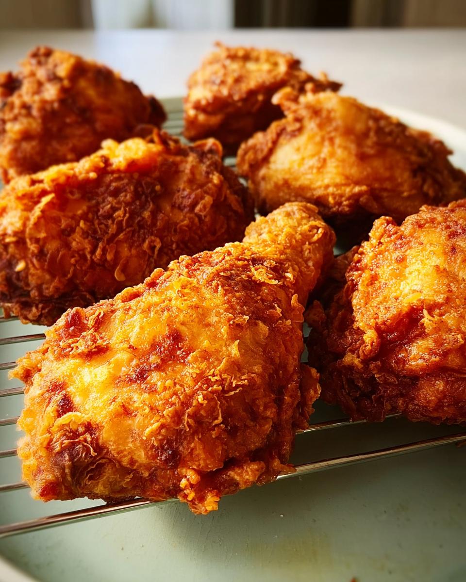 Close-up of golden brown, crispy fried chicken pieces, showcasing a juicy interior.