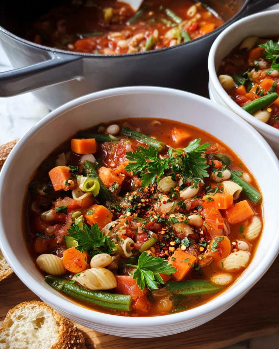 Close-up of a bowl of hearty vegetable soup with pasta, carrots, green beans, and white beans, garnished with parsley and chili flakes. Part of Best Dinner Ideas 2025: Crispy Juicy.