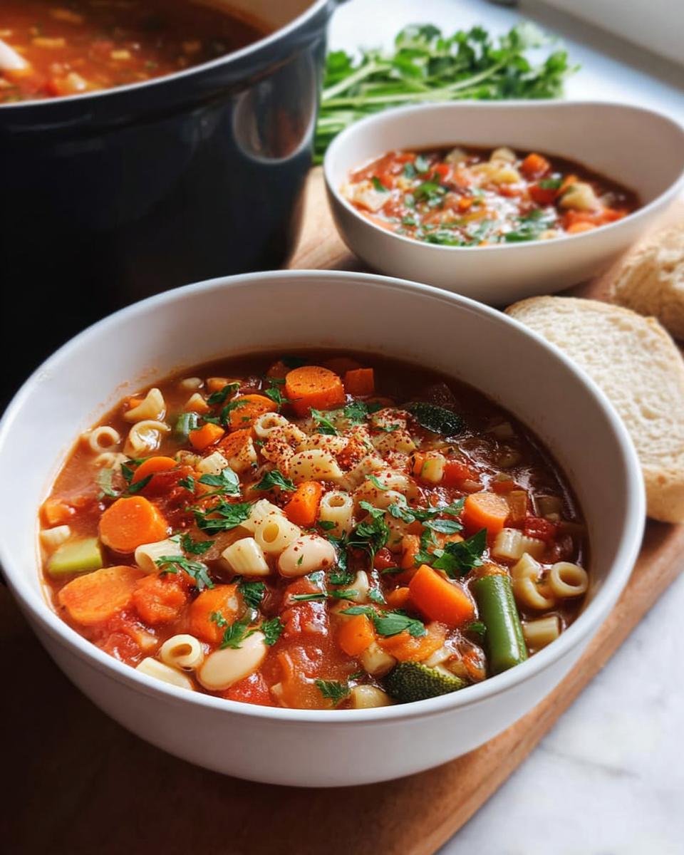 A hearty bowl of vegetable soup with pasta, carrots, beans, and broccoli, garnished with parsley. Part of the best dinner ideas 2025.