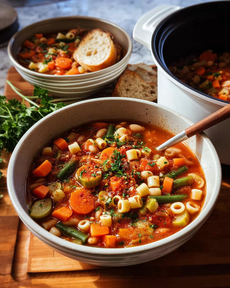 A hearty bowl of minestrone soup with vegetables, pasta, and beans, served with crusty bread. Best Dinner Ideas 2025.