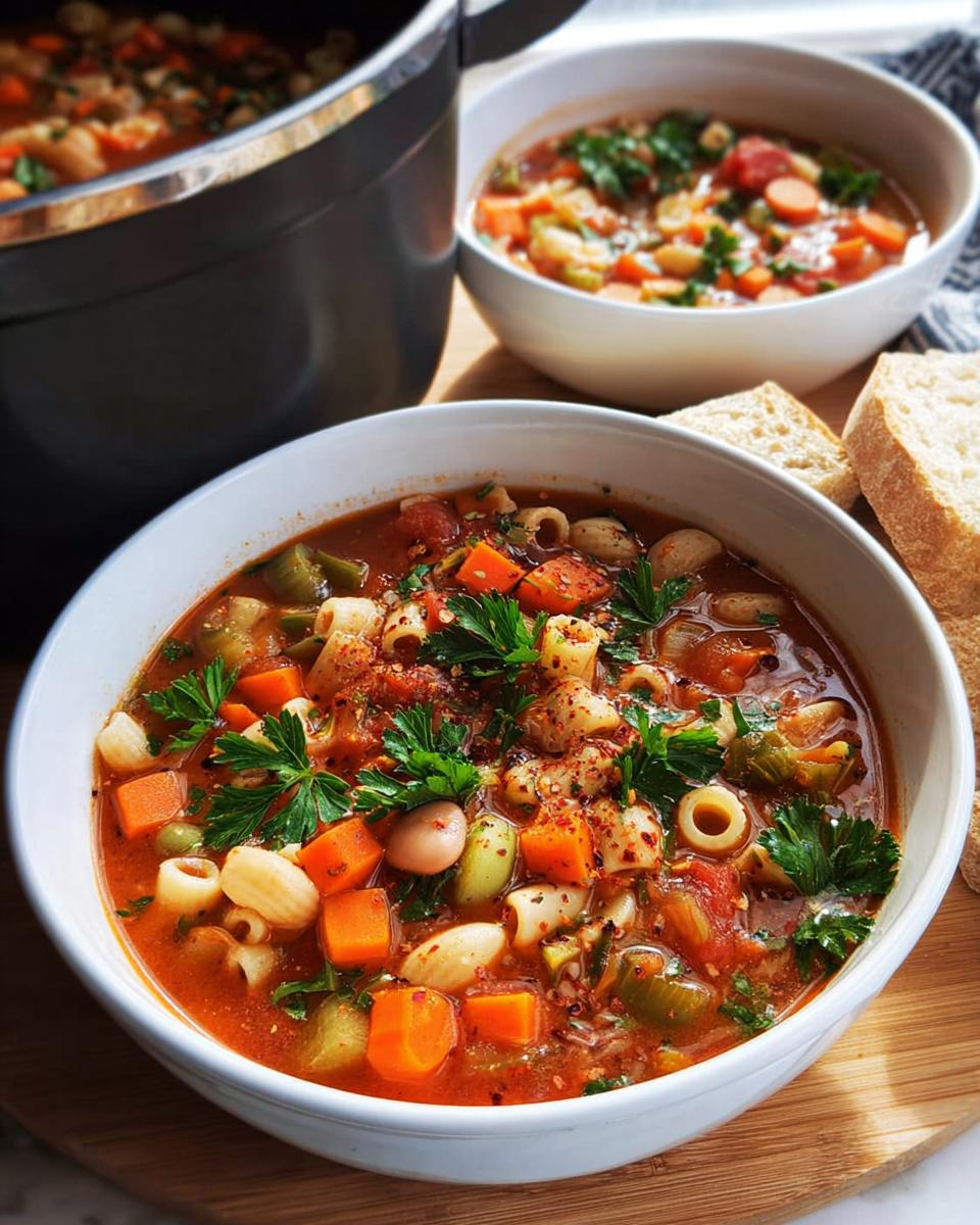 A hearty bowl of minestrone soup with pasta, vegetables, and herbs, perfect for best dinner ideas 2025.