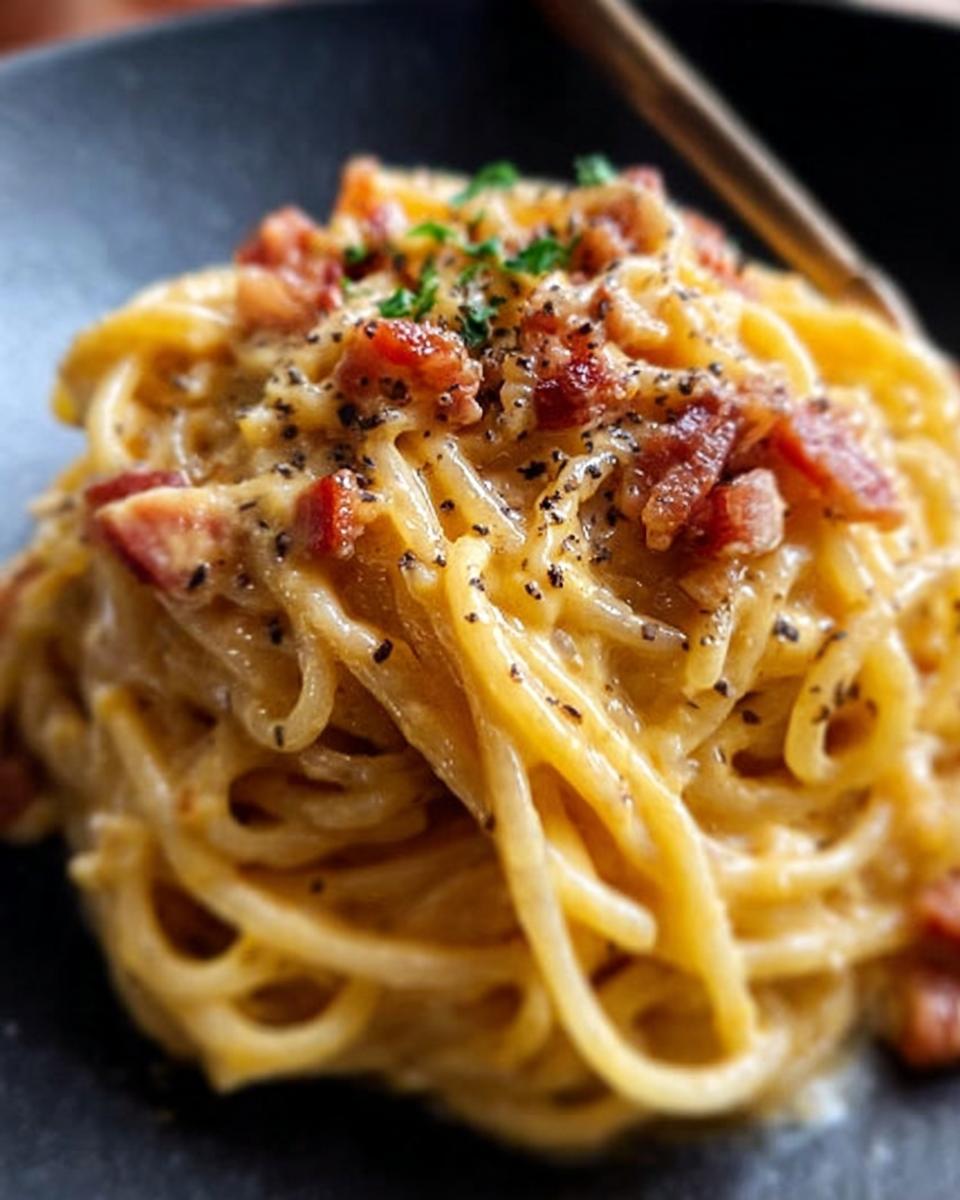 Close-up of spaghetti carbonara with crispy bacon bits and black pepper, a perfect example of crispy outside, juicy inside.