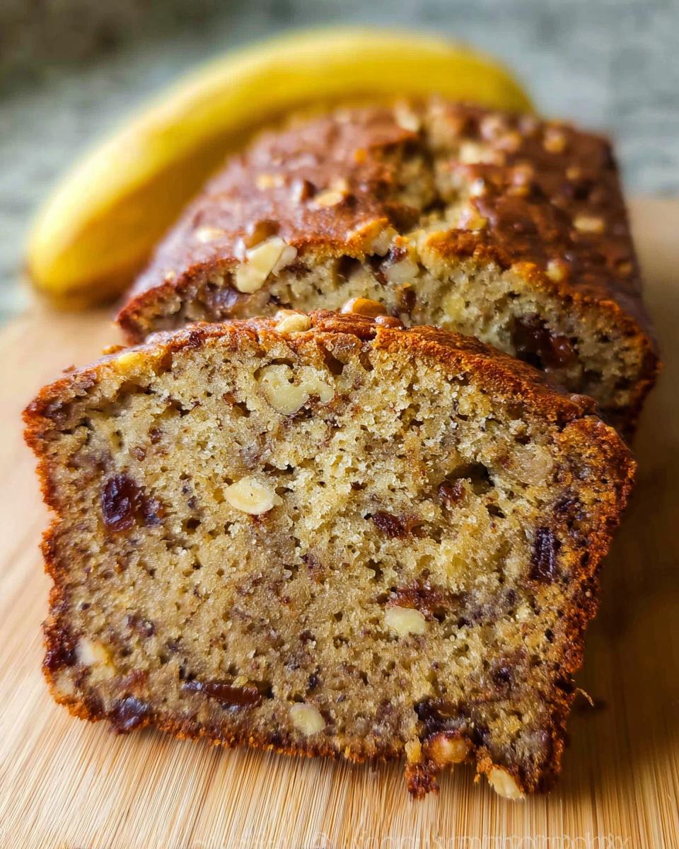 Close-up of a moist slice of Best Ever Banana Bread, showing walnuts and raisins, with a whole banana blurred in the background.