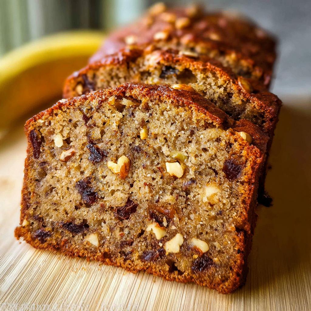 Close-up of moist slices of Best Ever Banana Bread studded with walnuts and raisins on a wooden board.