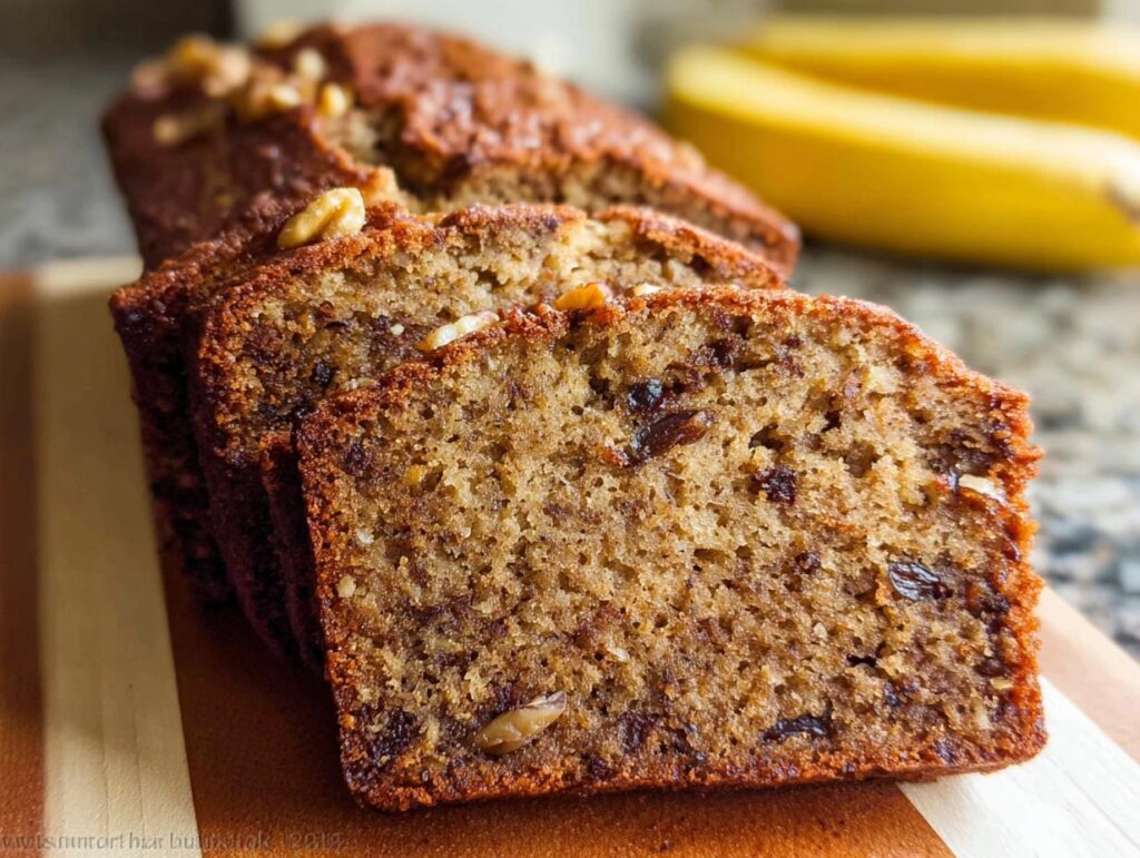 Close-up of moist slices of Best Ever Banana Bread, showing texture, raisins, and walnuts, with bananas in the background.