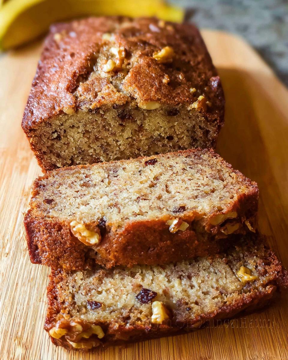 A loaf of Best Ever Banana Bread, partially sliced, showing moist texture and walnuts on a wooden board.