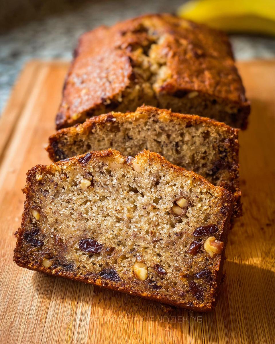 Close-up of moist slices of Best Ever Banana Bread showing nuts and raisins baked inside on a wooden board.