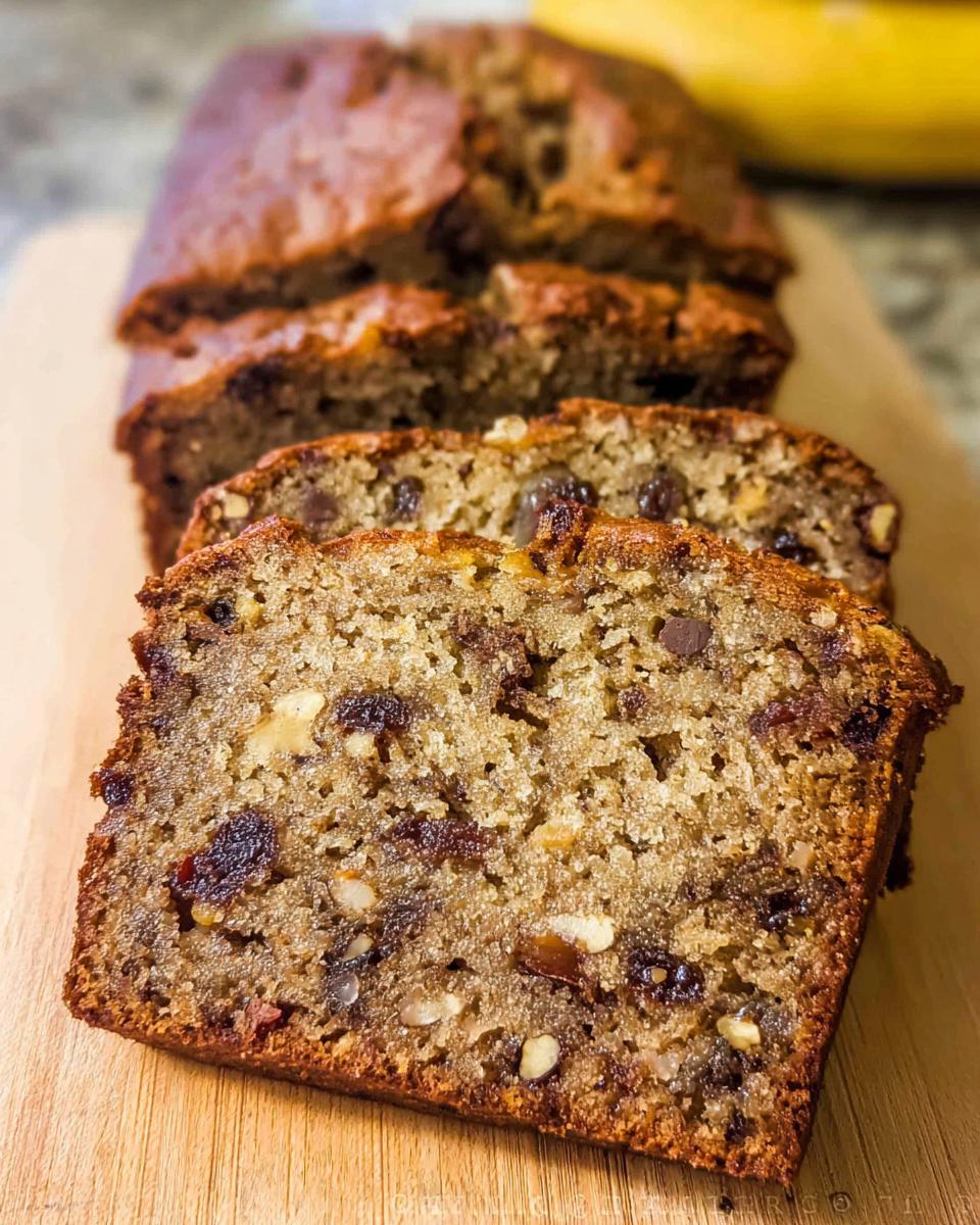 Close-up of a moist slice of Best Ever Banana Bread, showing raisins and walnuts throughout the crumb.