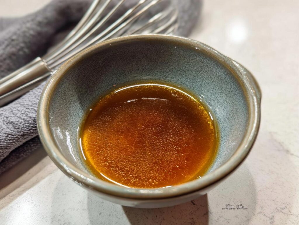 Close-up of rich, brown homemade au jus recipe liquid in a small ceramic bowl, with a whisk visible in the background.