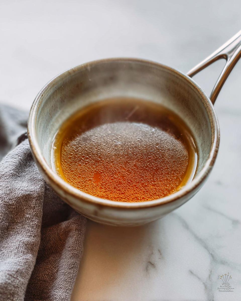 Close-up of hot, rich brown liquid, the Best Homemade Au Jus Recipe, steaming in a small ceramic saucepan.