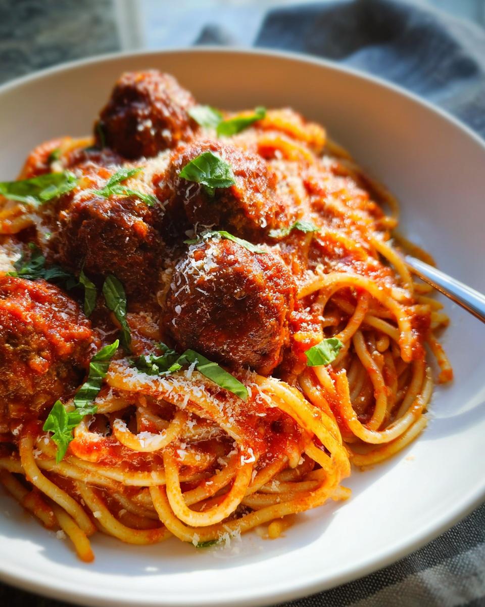 Close-up of The Best Italian Spaghetti and Meatballs covered in rich tomato sauce, parmesan, and basil.
