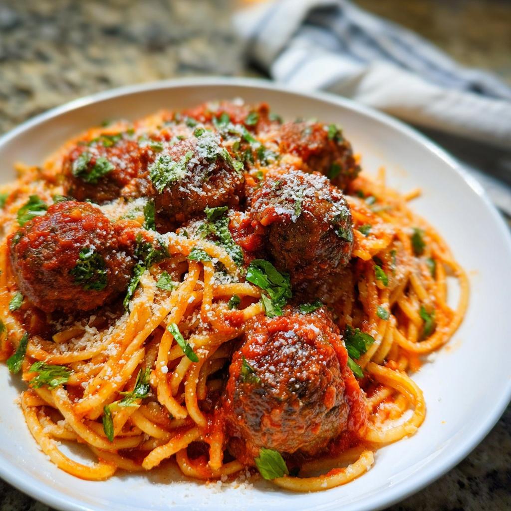 Close-up of a white bowl filled with The Best Italian Spaghetti and Meatballs, topped with Parmesan cheese and fresh parsley.