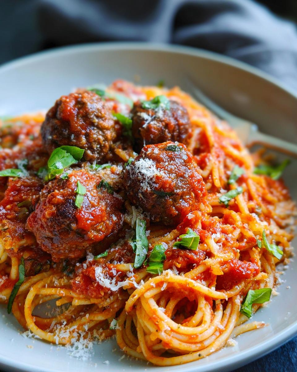 Close-up of The Best Italian Spaghetti and Meatballs topped with sauce, Parmesan, and fresh basil.