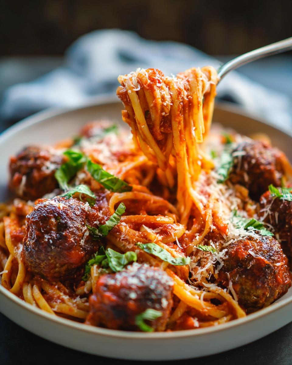 A fork lifting spaghetti coated in red sauce, surrounded by meatballs in a bowl of The Best Italian Spaghetti and Meatballs.