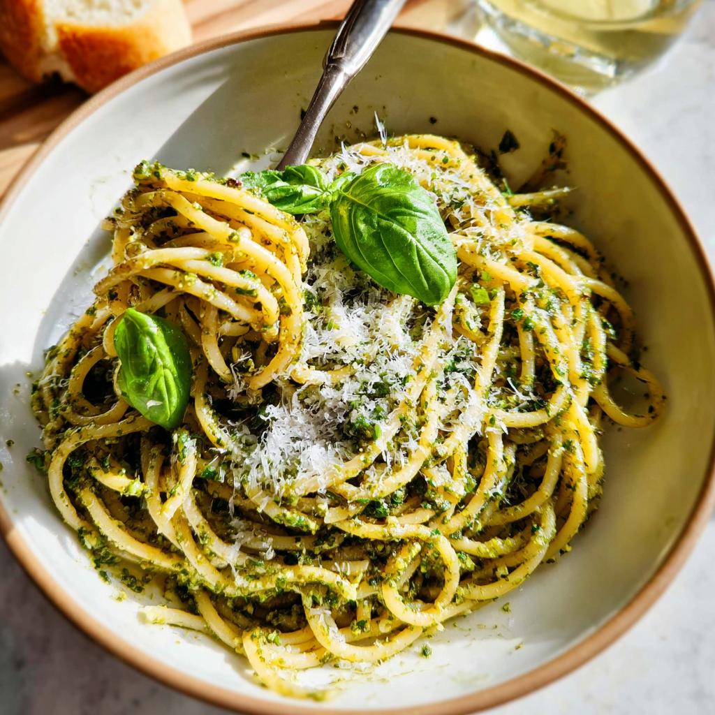 A bowl of spaghetti with vibrant green pesto sauce, topped with fresh basil and grated Parmesan cheese. Part of Best Pasta Recipes 2025.