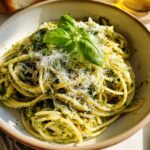 A close-up of spaghetti pasta tossed in vibrant green pesto sauce, topped with fresh basil and grated Parmesan cheese.