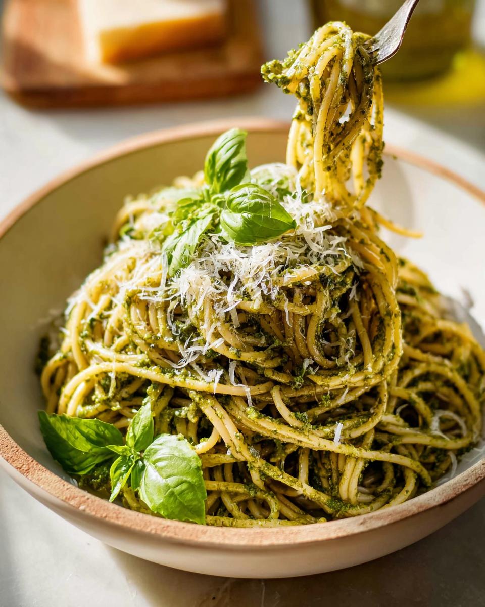 A fork lifting a portion of spaghetti coated in vibrant green pesto sauce, topped with grated Parmesan and fresh basil, part of the Best Pasta Recipes 2025.