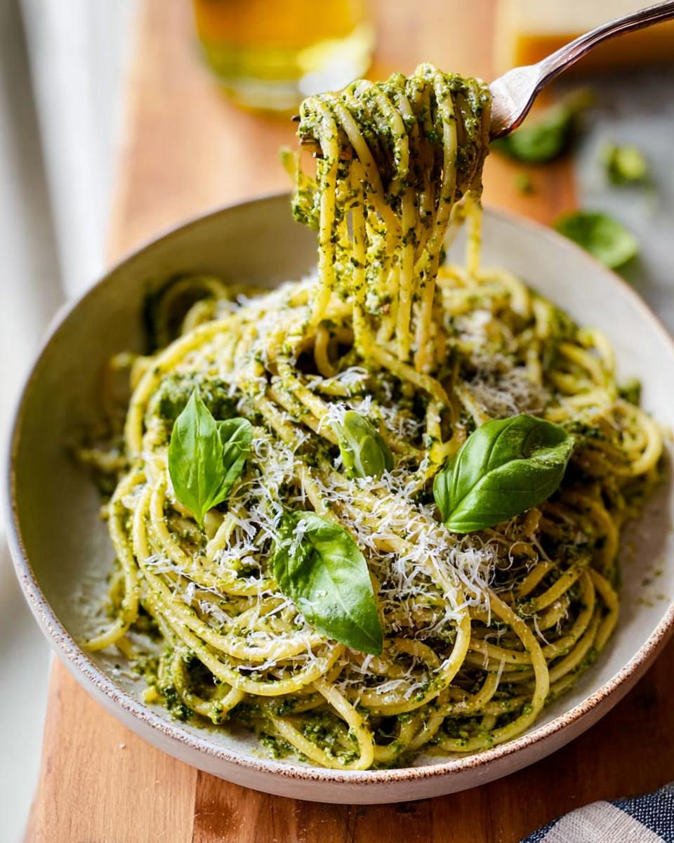 A fork twirls spaghetti coated in vibrant pesto sauce, topped with fresh basil and grated Parmesan cheese. Part of Best Pasta Recipes 2025.