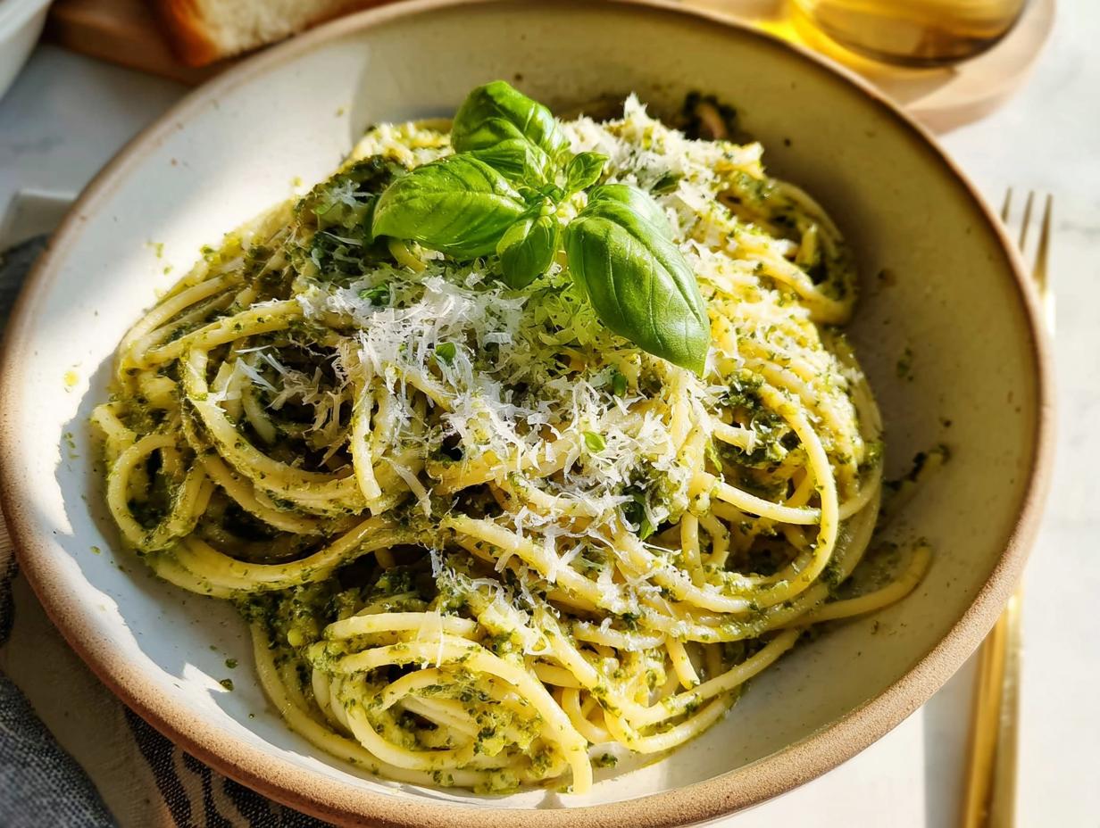 A close-up of spaghetti pasta tossed in vibrant green pesto sauce, topped with fresh basil and grated Parmesan cheese.