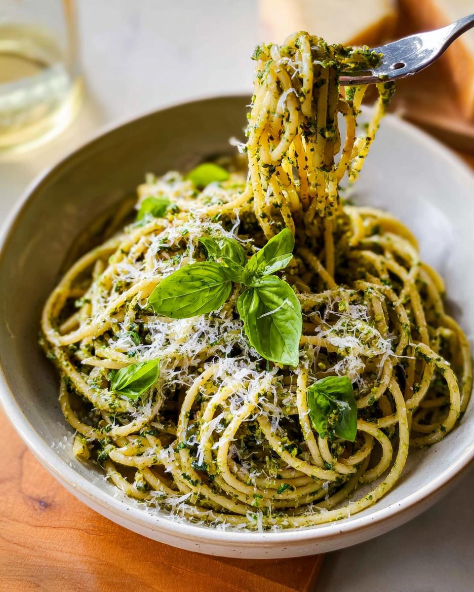 Close-up of spaghetti with pesto sauce, topped with fresh basil and grated Parmesan cheese, part of Best Pasta Recipes 2025.