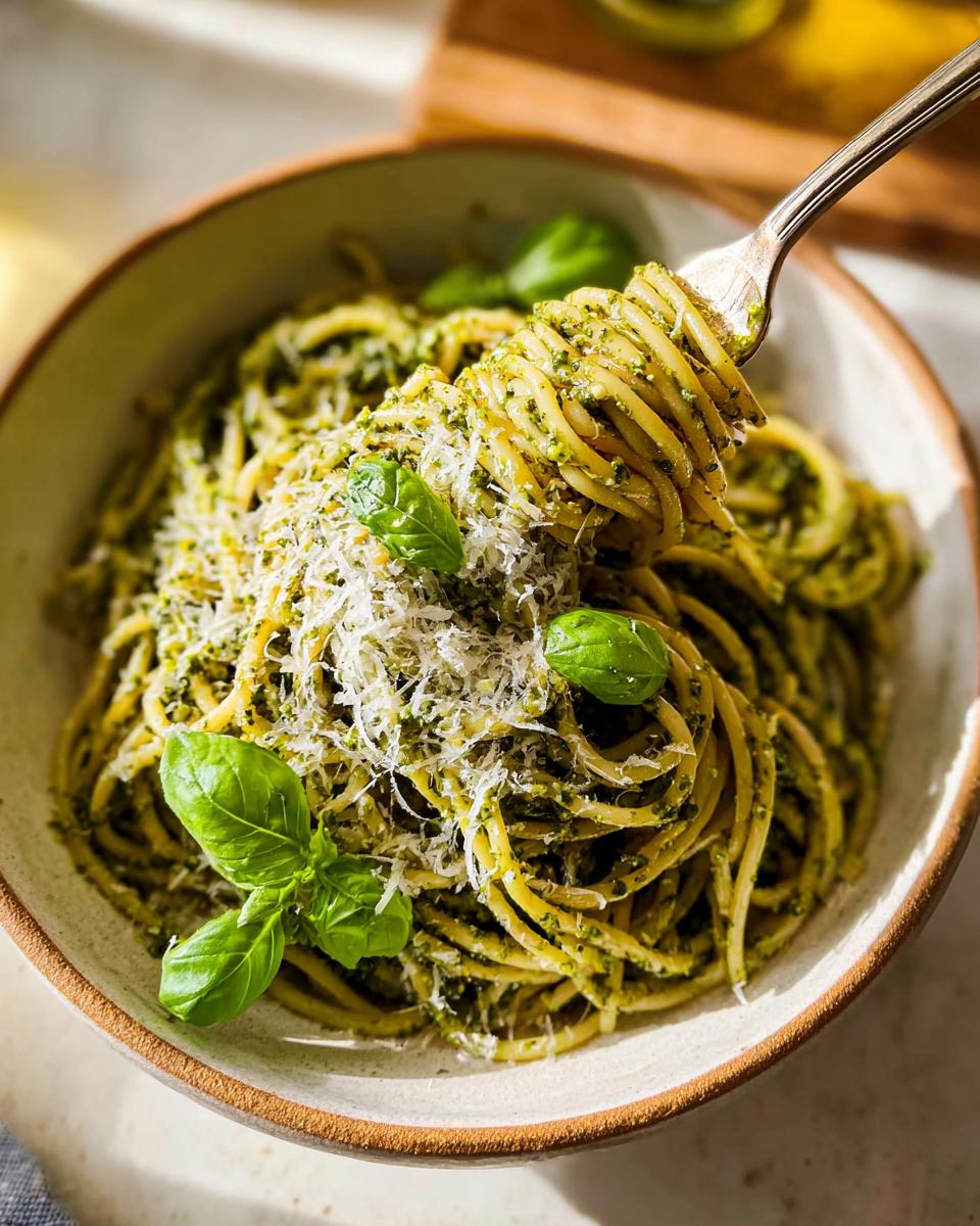 A fork twirls spaghetti coated in vibrant green pesto, topped with grated Parmesan and fresh basil. Best Pasta Recipes 2025.