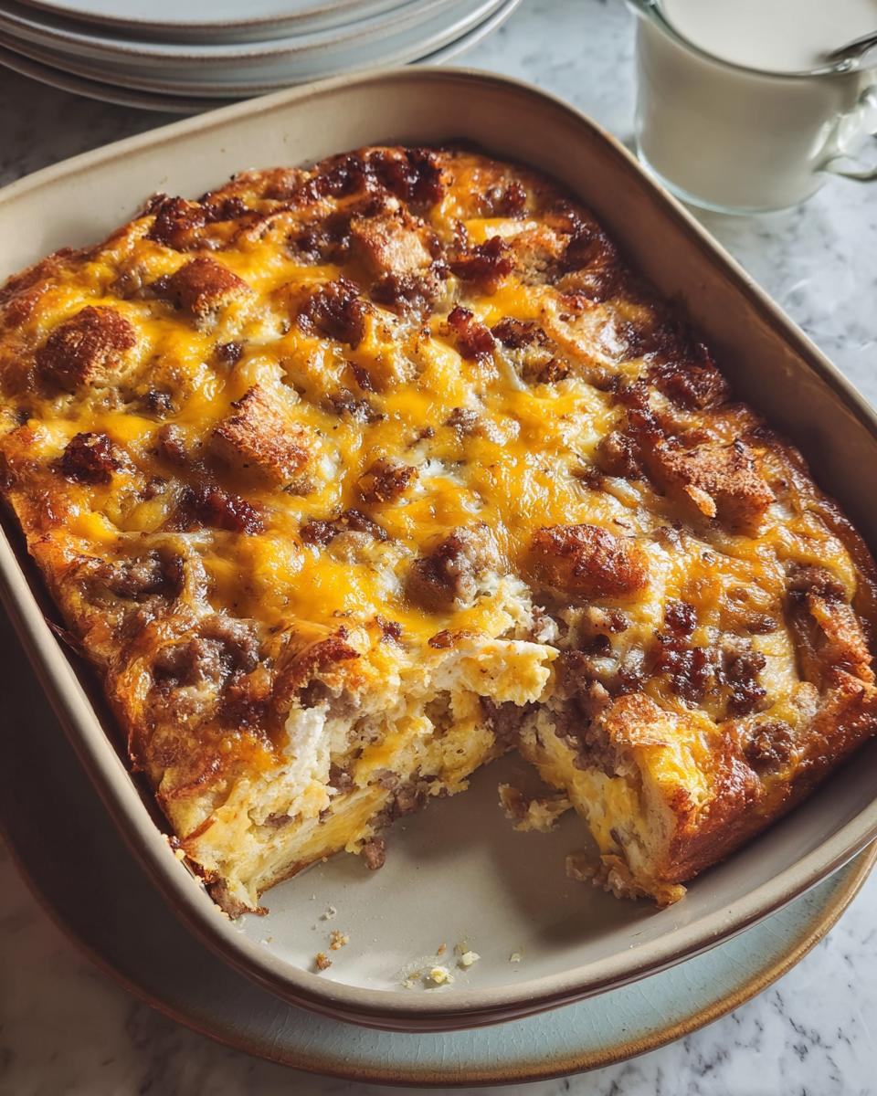 A freshly baked Best Sausage Egg Breakfast Casserole in a baking dish with a piece removed, showing layers of egg, sausage, and melted cheese.