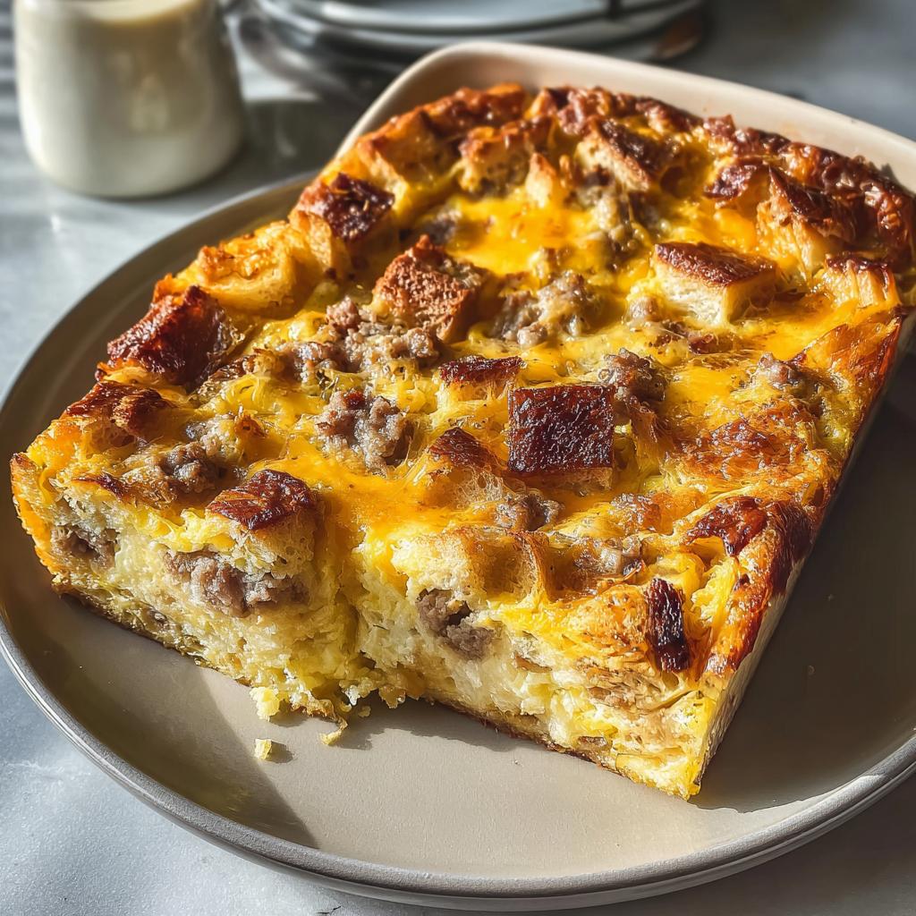 A square slice of the Best Sausage Egg Breakfast Casserole showing golden-brown bread cubes, melted cheese, and sausage crumbles.