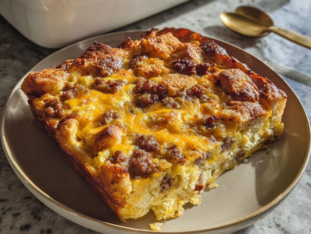A golden-brown slice of the Best Sausage Egg Breakfast Casserole topped with melted cheese and sausage crumbles.