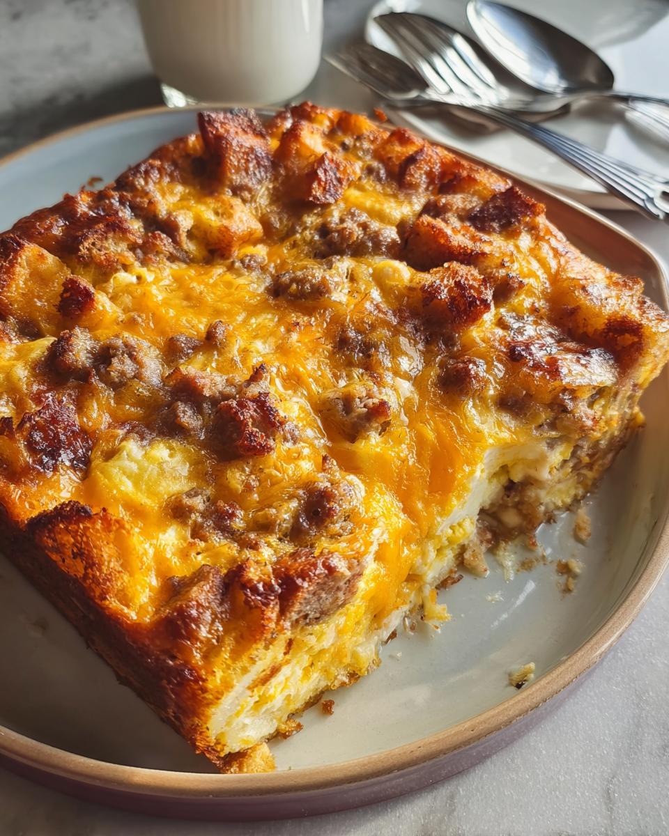 A square slice of the Best Sausage Egg Breakfast Casserole topped with melted cheddar cheese and sausage crumbles.