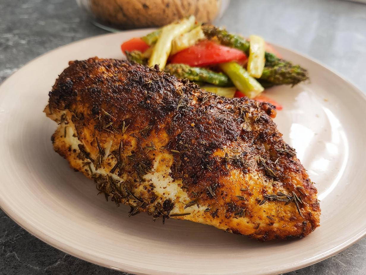 A perfectly seasoned and cooked chicken breast, resembling Texas Roadhouse Chicken, served with sautéed asparagus and tomatoes.
