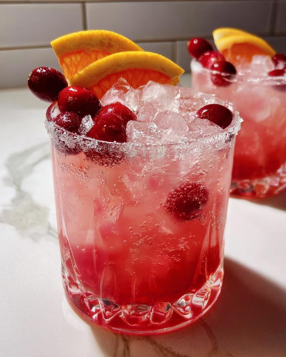 Close-up of a festive cranberry orange cocktail, garnished with fresh cranberries and orange slices, perfect for Thanksgiving.