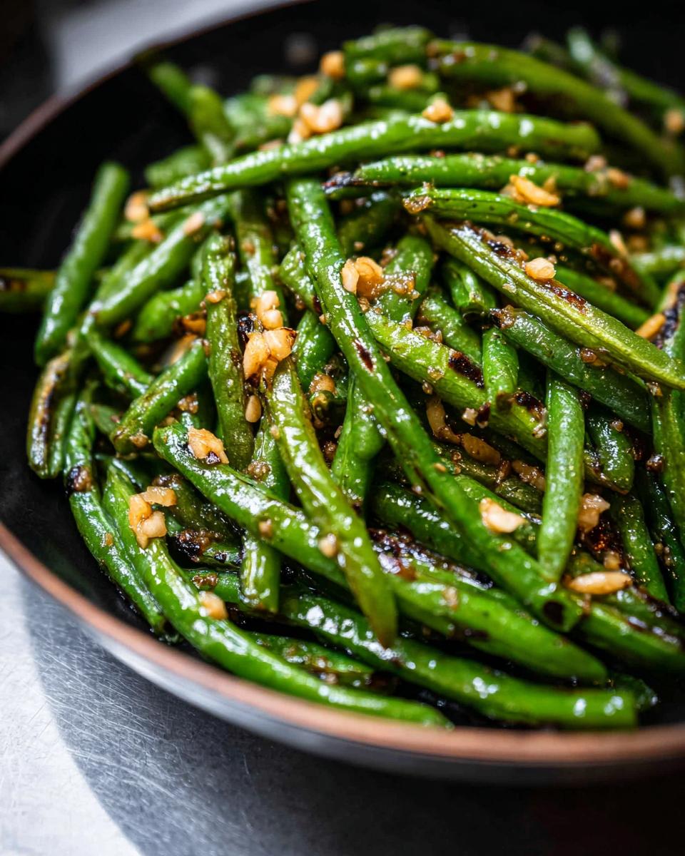 Close-up of best Thanksgiving green beans, perfectly cooked to be crispy outside and juicy inside, with garlic bits.