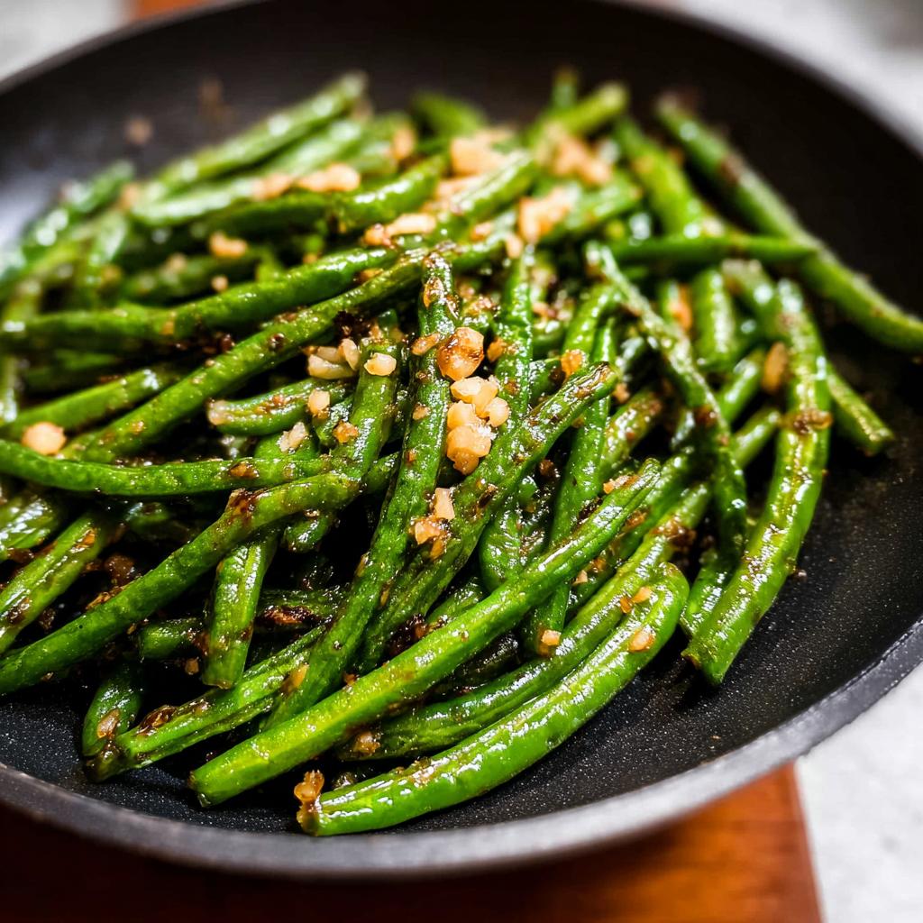 Close-up of Best Thanksgiving Green Beans, glistening and topped with crispy garlic bits in a black skillet.