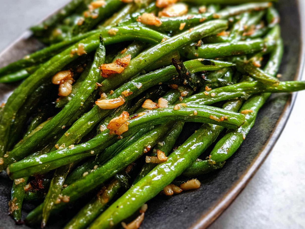 Close-up of Best Thanksgiving Green Beans 2025, glistening and tossed with crispy garlic pieces.