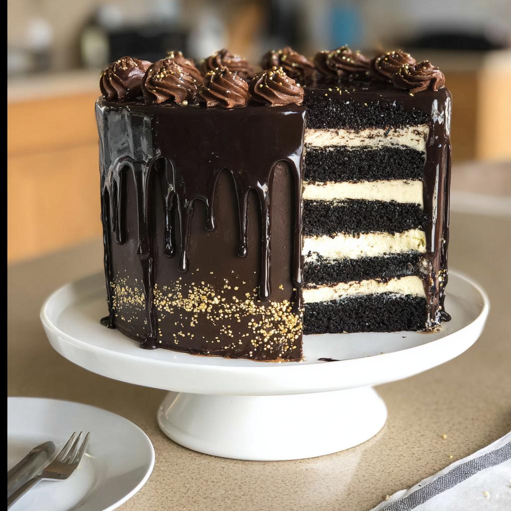 A tall, sliced Black and Gold Drip Cake showing dark layers and white frosting, covered in chocolate ganache and gold sprinkles.