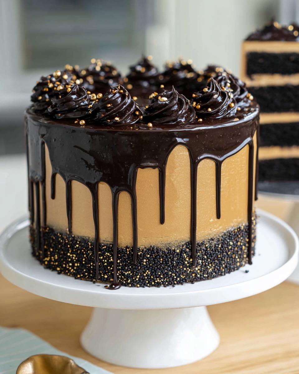 A stunning Black and Gold Drip Cake featuring dark chocolate ganache drips, gold frosting, and black and gold sprinkles.
