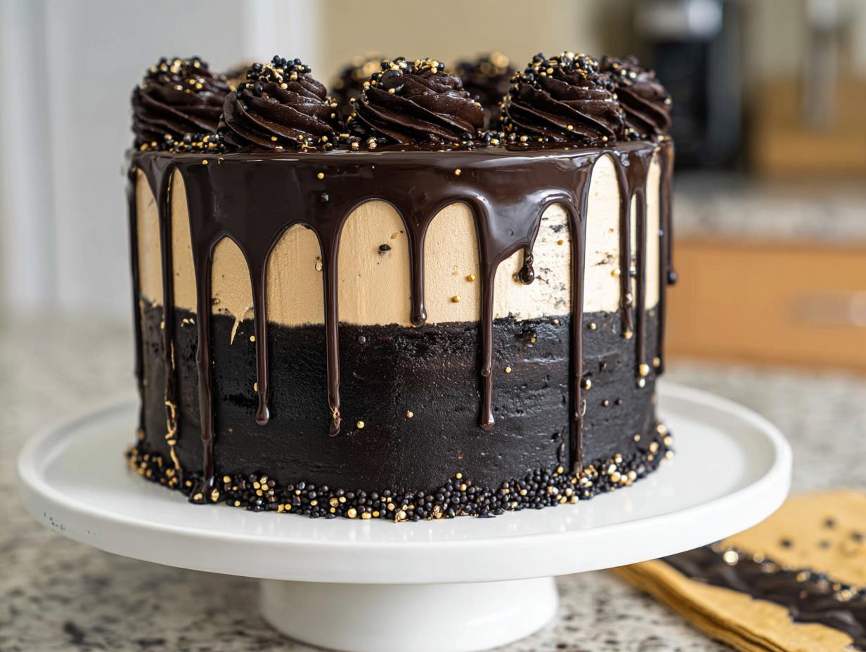 A tall, two-toned Black and Gold Drip Cake featuring dark chocolate frosting, gold buttercream, and rich ganache drips.