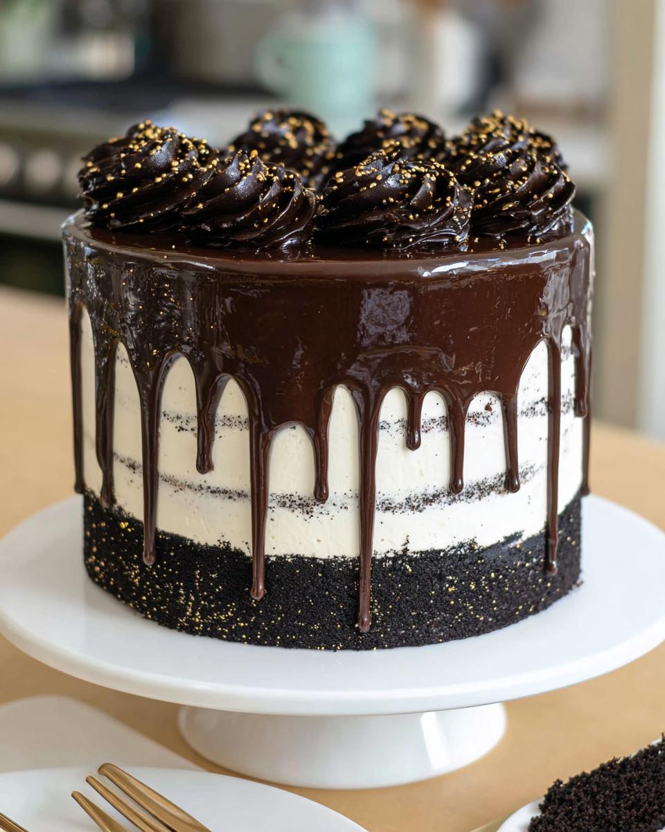 A tall layer cake featuring white frosting, dark chocolate ganache drip, and gold sprinkles, a perfect Black and Gold Drip Cake.